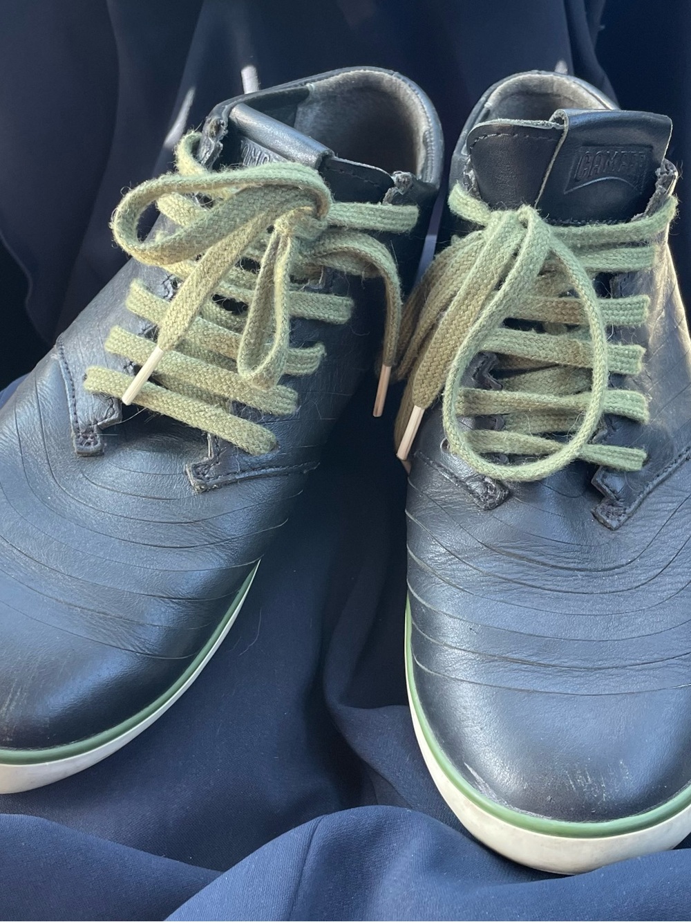 Camper Black Leather Sneakers with Olive Green Laces